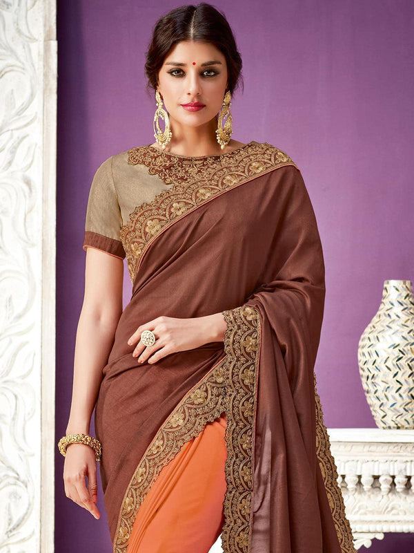 Women's Brown And Orange Georgette Designer Saree With Blouse - Odette