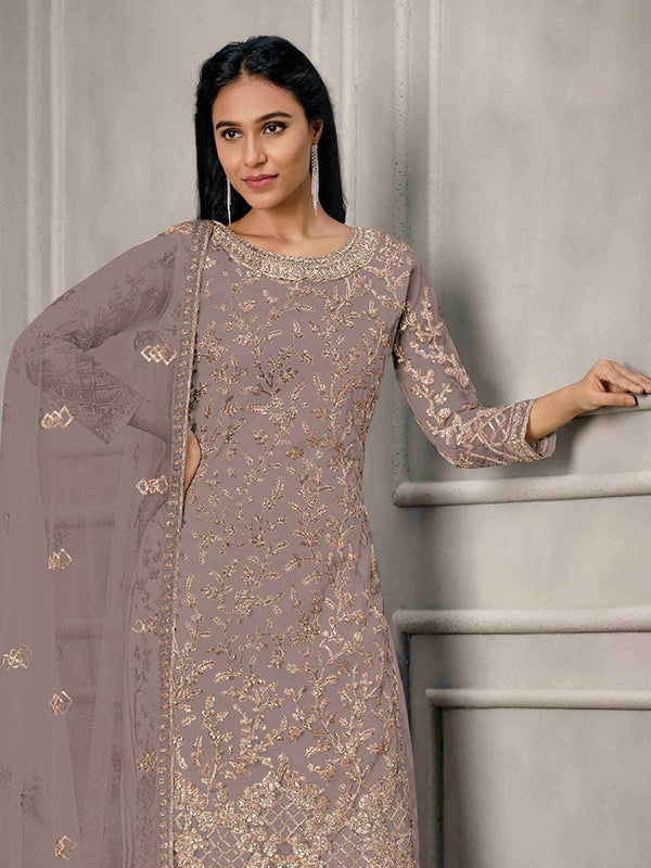 Women's Brown Butterfly Net Embroidered Kurta Set - Odette