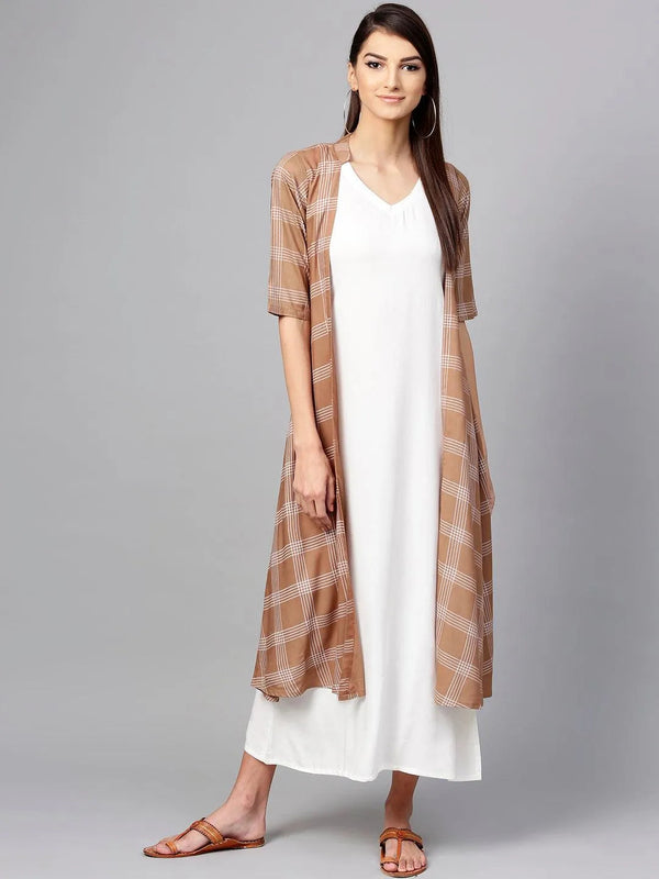 Brown Checkered Rayon Dress With Jacket - Jashvi