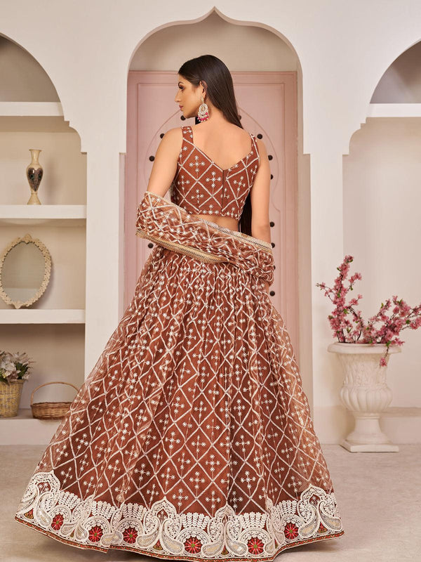 Women's Brown Color Mono Net Fabric Heavy Designer Lehenga - Odette