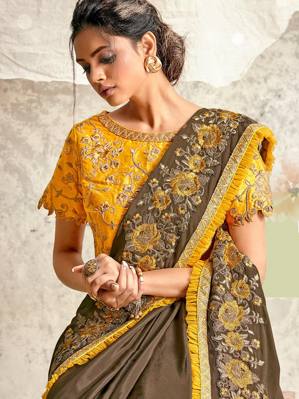 Women's Brown Crepe Silk Designer Saree With Blouse - Odette