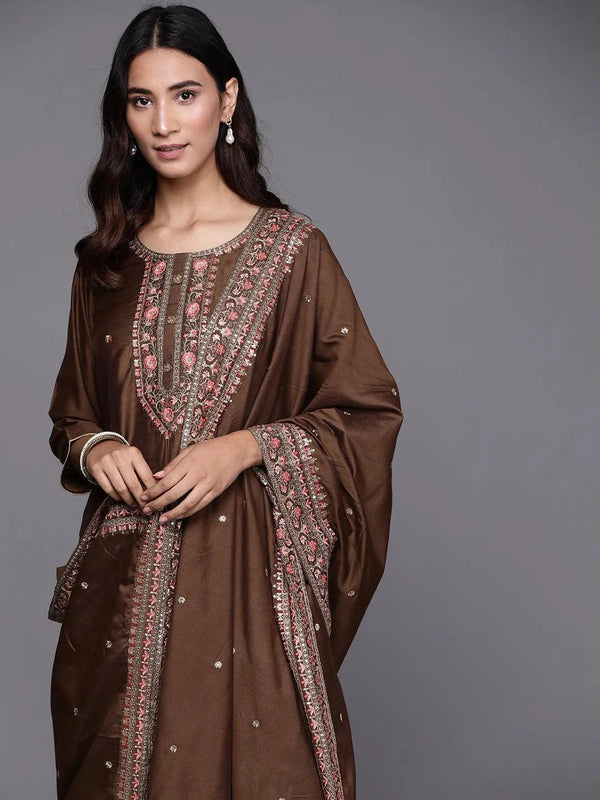 Brown Embroidered Chanderi Silk Suit Set - Jashvi