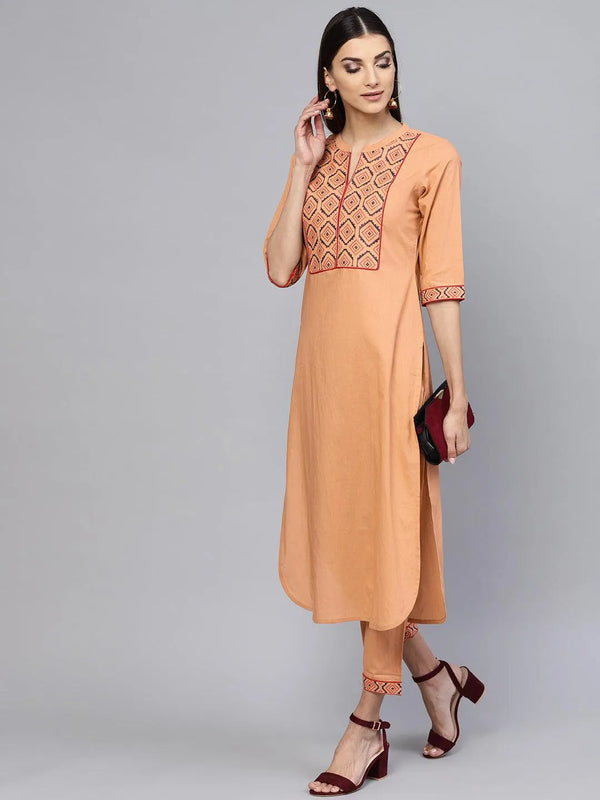 Brown Embroidered Cotton Kurta Set - Jashvi