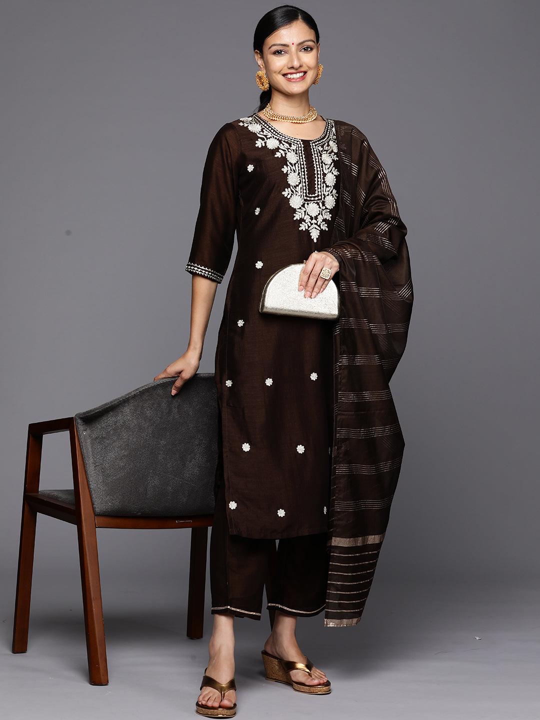 Brown Embroidered Silk Blend Straight Kurta With Trousers & Dupatta - Jashvi