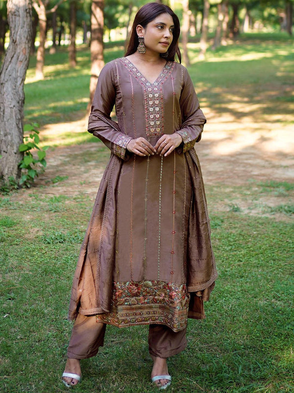 Brown Embroidered Silk Straight Kurta With Trousers & Dupatta - Jashvi