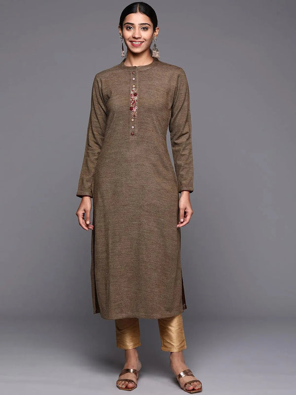 Brown Embroidered Wool Straight Kurta - Jashvi