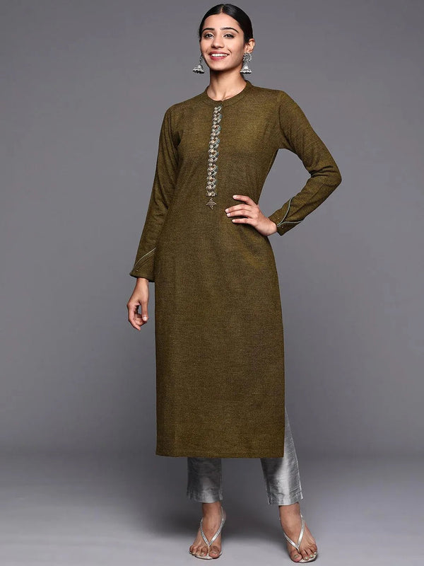 Brown Embroidered Wool Straight Kurta - Jashvi