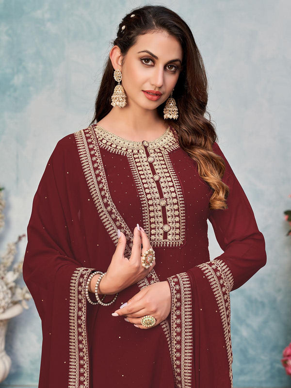 Women's Brown Faux Georgette Heavy Embroidery Kurta Set - Odette