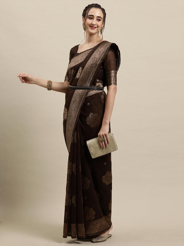 Women's Brown Festive Linen Woven Design Saree With Unstitched Blouse - Odette