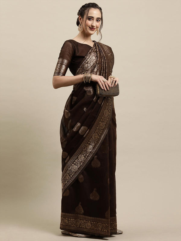 Women's Brown Festive Linen Woven Design Saree With Unstitched Blouse - Odette