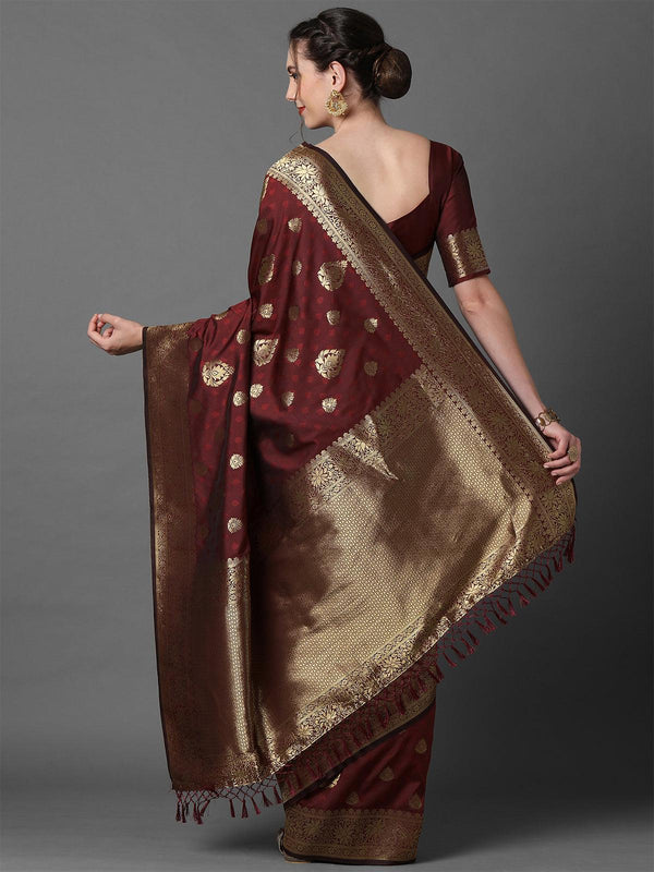 Women's Brown Festive Silk Blend Woven Design Saree With Unstitched Blouse - Odette