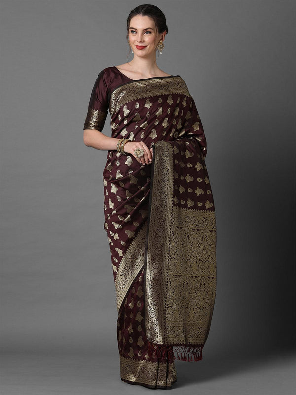 Women's Brown Festive Silk Blend Woven Design Saree With Unstitched Blouse - Odette