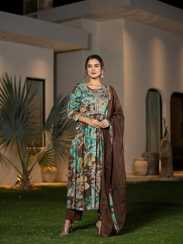 Brown Floral Print Malmal Fit And Flare Suit Set-Indiakreations-JS6963SKDBRS