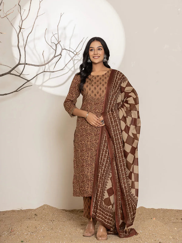 Brown Leaf Print Cotton Straight Kurta Dupatta Set-Indiakreations-JS6972SKDBRS