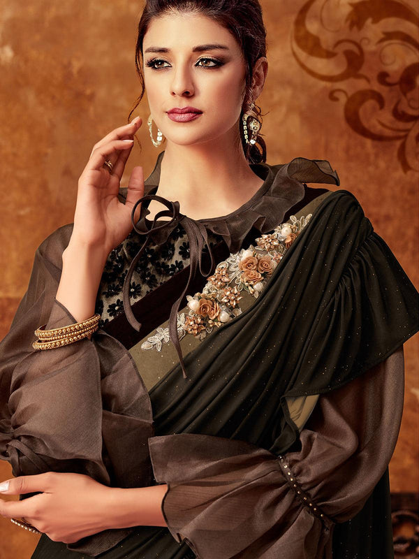 Women's Brown Lycra Designer Saree With Blouse - Odette