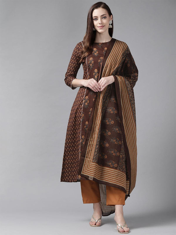 Women's Brown Printed A-Line Kurta Trouser With Dupatta Set - Odette