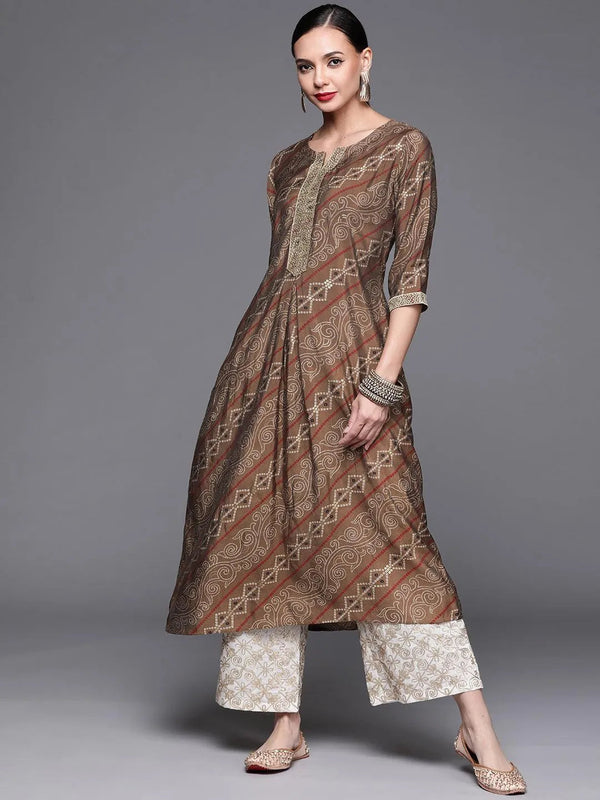 Brown Printed Chanderi Silk Kurta - Jashvi