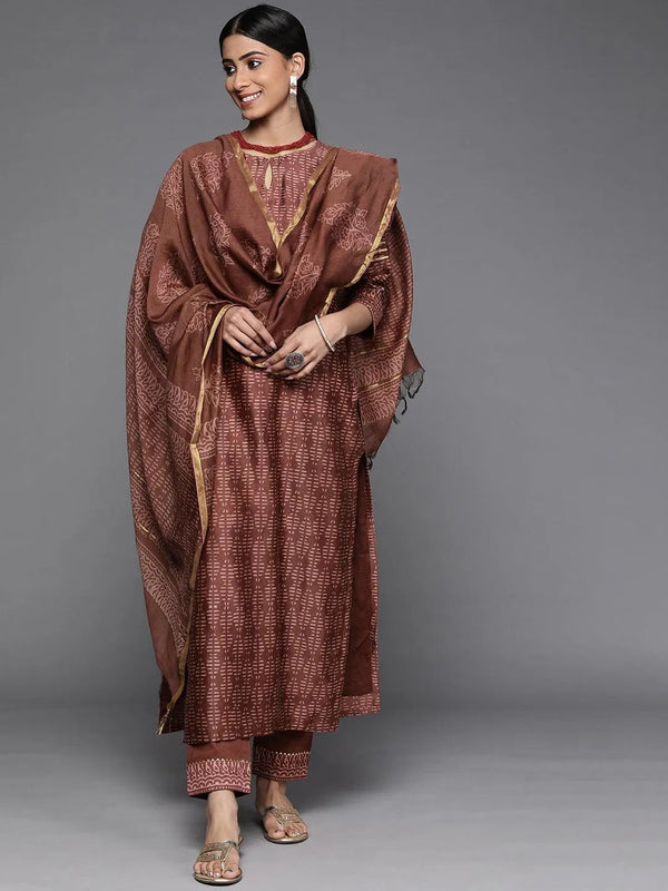 Brown Printed Chanderi Silk Suit Set - Jashvi