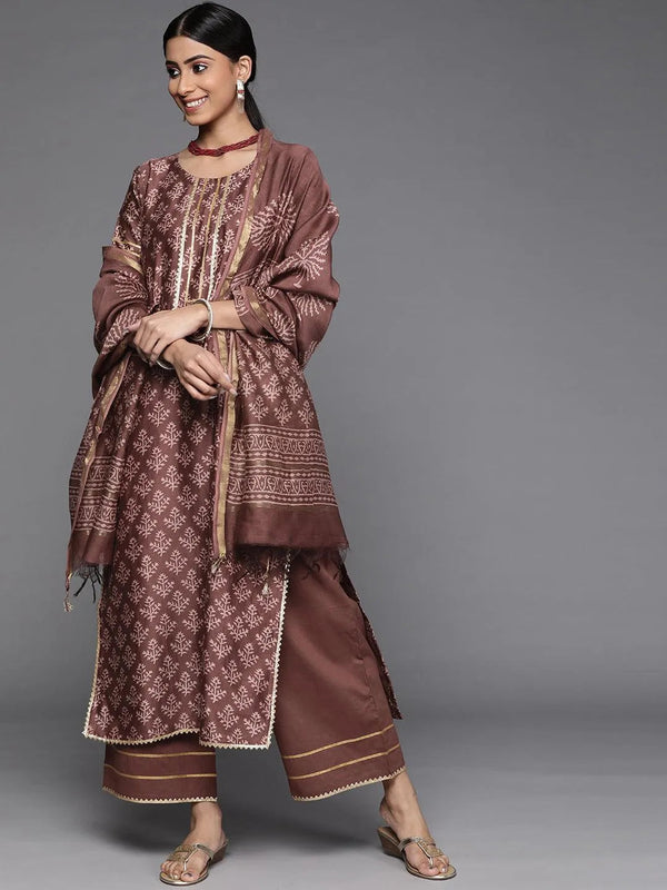 Brown Printed Chanderi Silk Suit Set - Jashvi