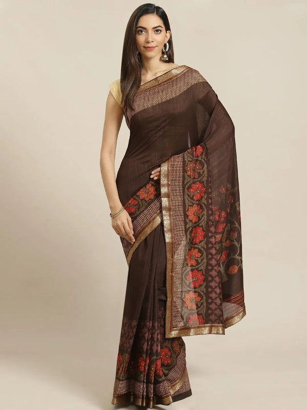 Brown Printed Chiffon Saree - Jashvi