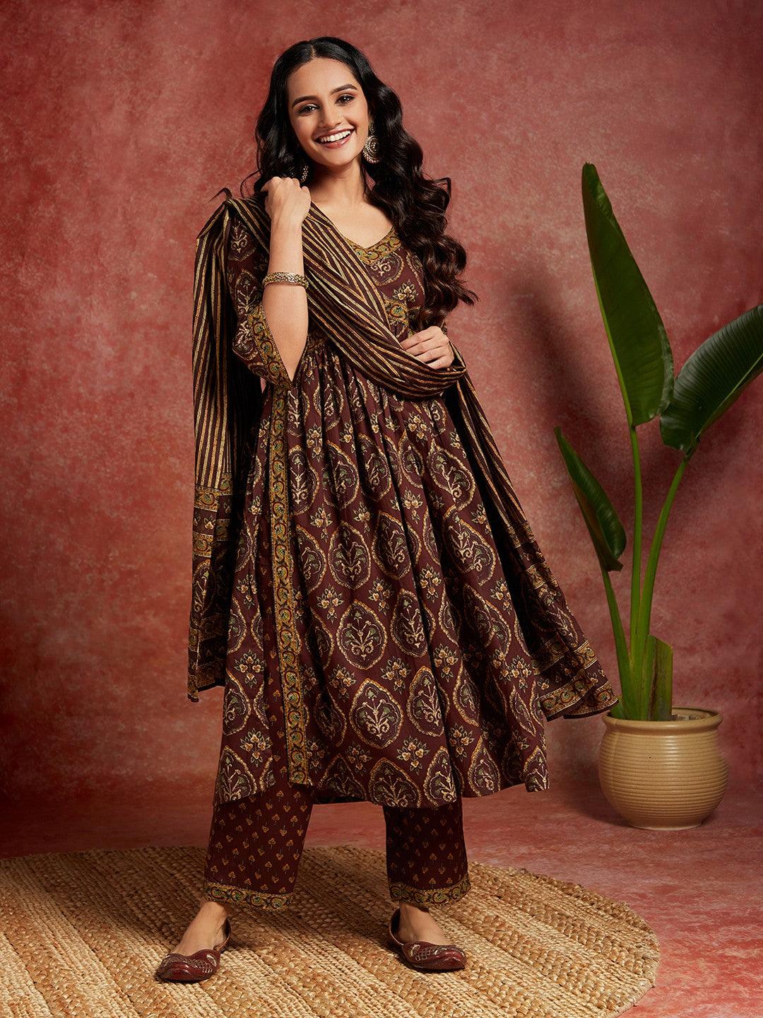 Brown Printed Cotton A-Line Kurta With Trousers & Dupatta - Jashvi