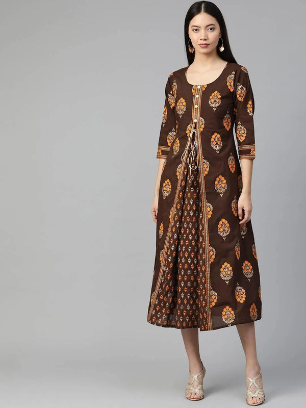 Brown Printed Cotton Dress - Jashvi