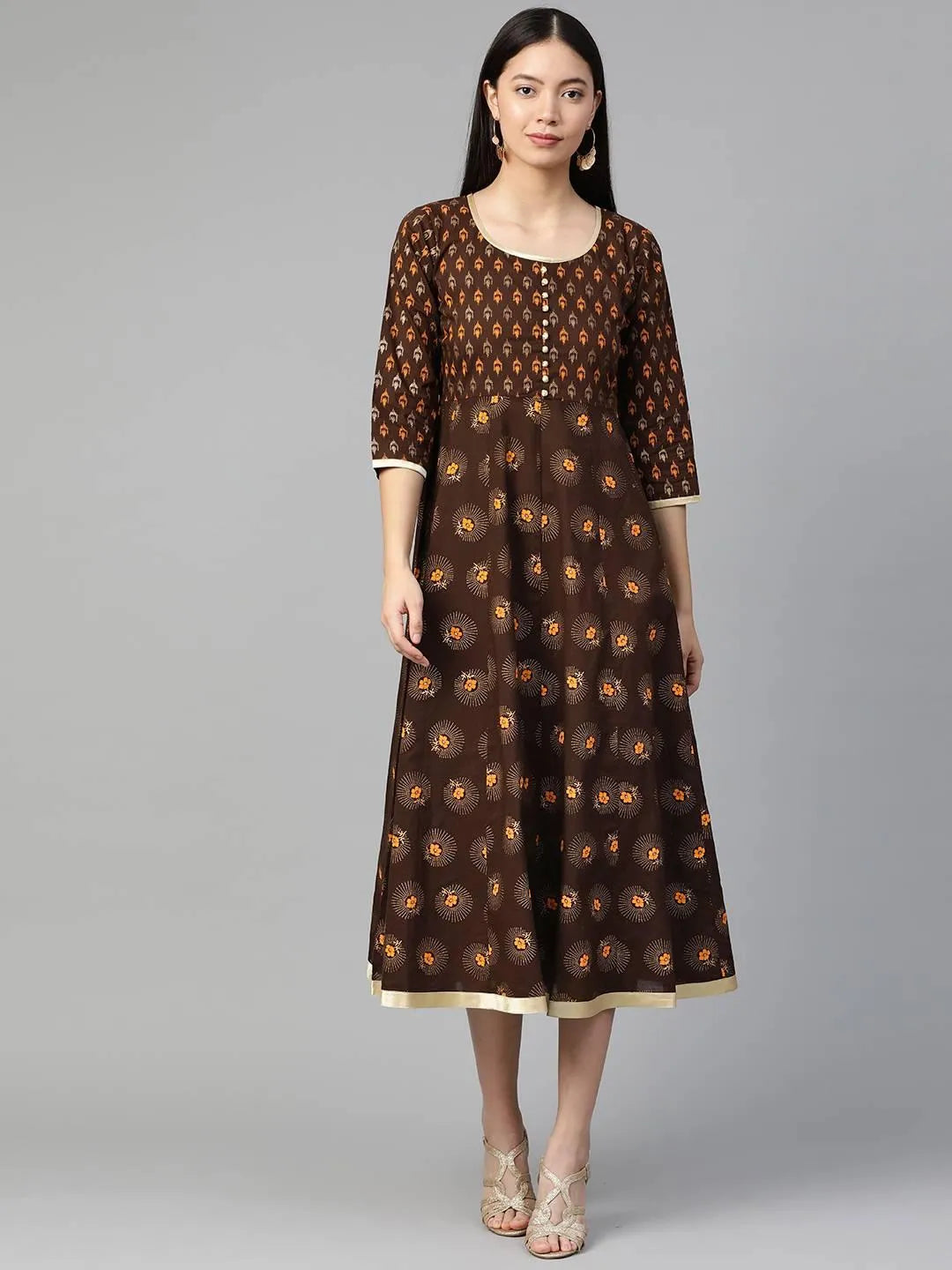 Brown Printed Cotton Dress - Jashvi