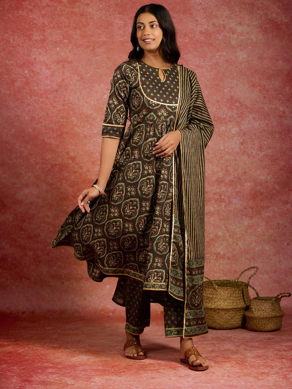 Brown Printed Cotton Kurta With Trousers & Dupatta - Jashvi