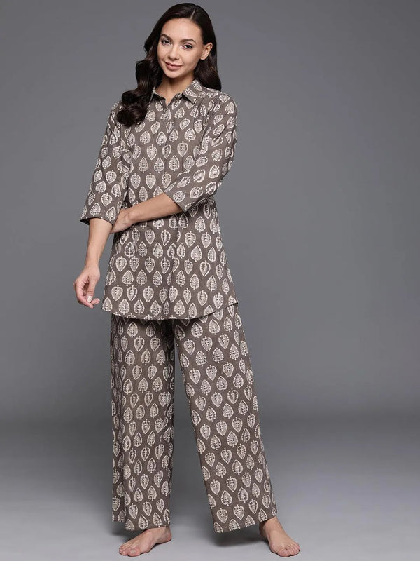 Brown Printed Cotton Night Suit - Jashvi