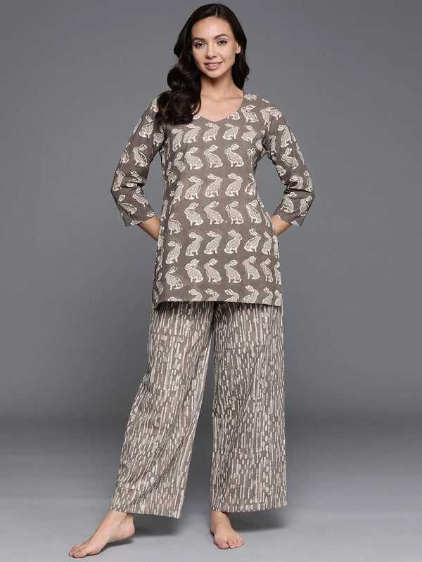 Brown Printed Cotton Night Suit - Jashvi