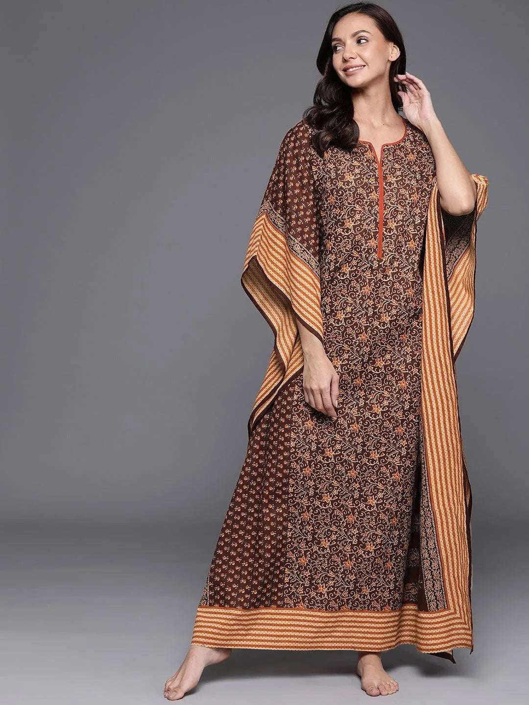 Brown Printed Cotton Nightdress - Jashvi