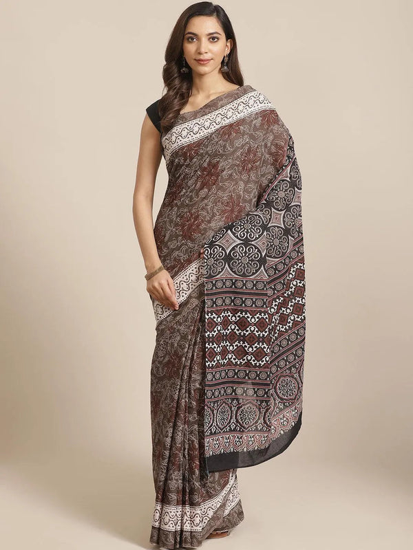 Brown Printed Cotton Saree