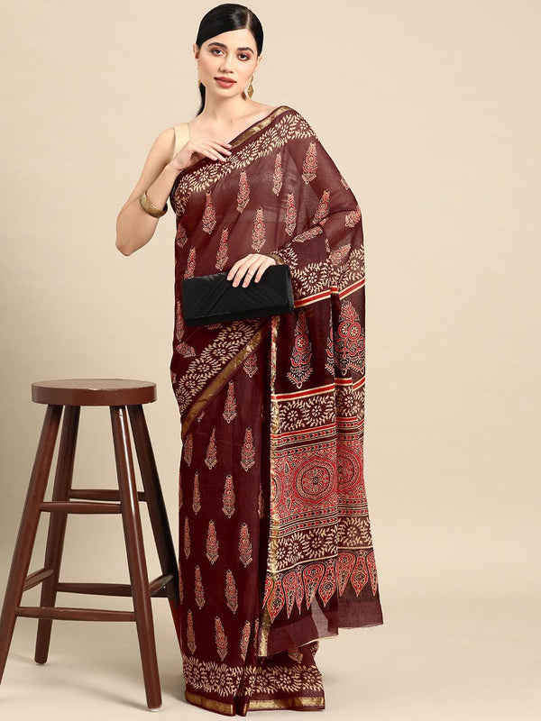 Brown Printed Cotton Saree - Jashvi