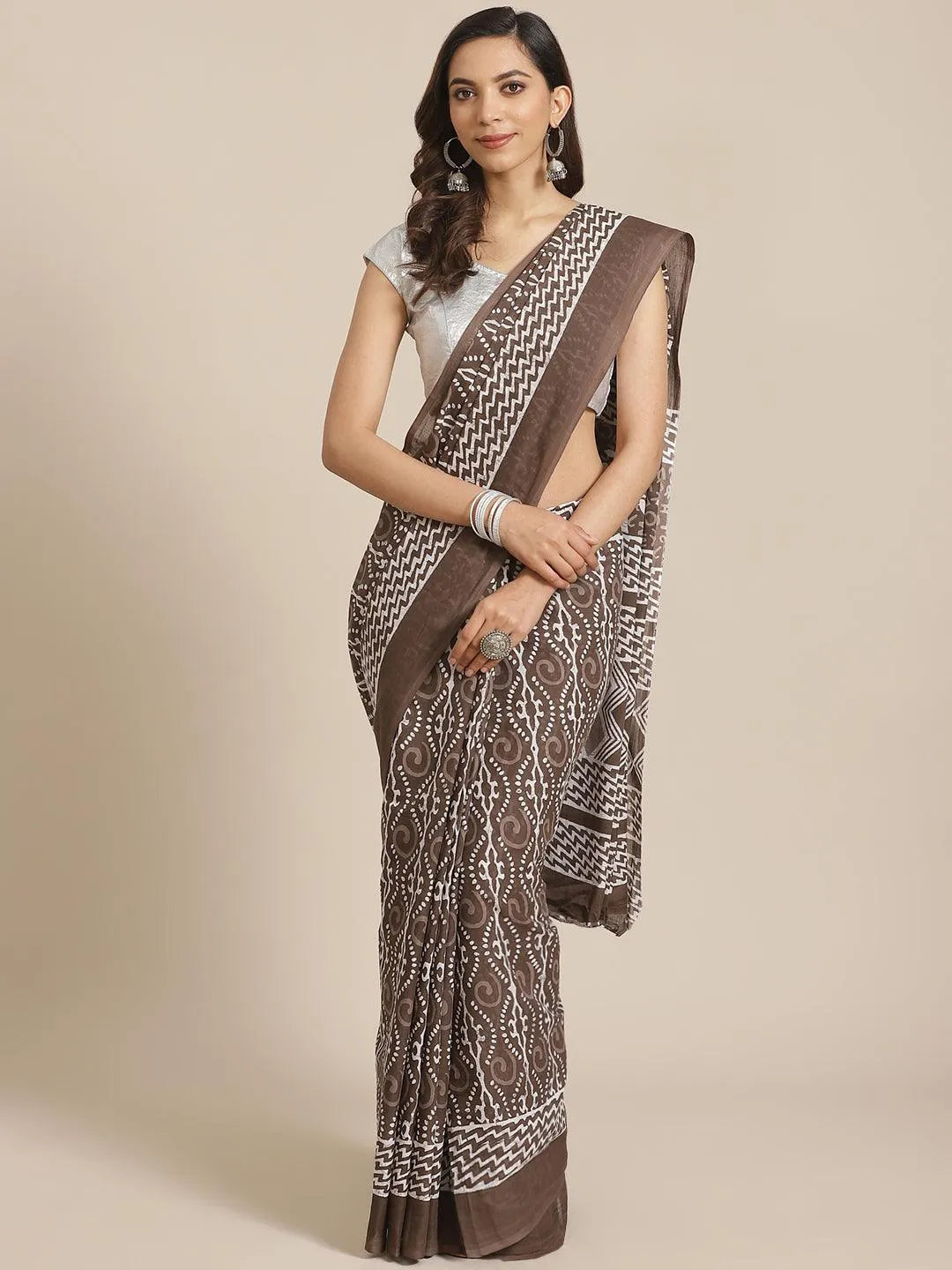 Brown Printed Cotton Saree - Jashvi