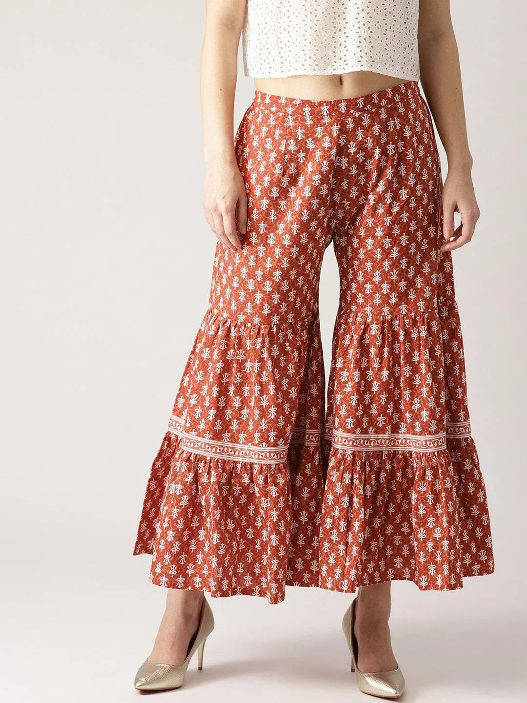 Brown Printed Cotton Sharara Pants - Jashvi