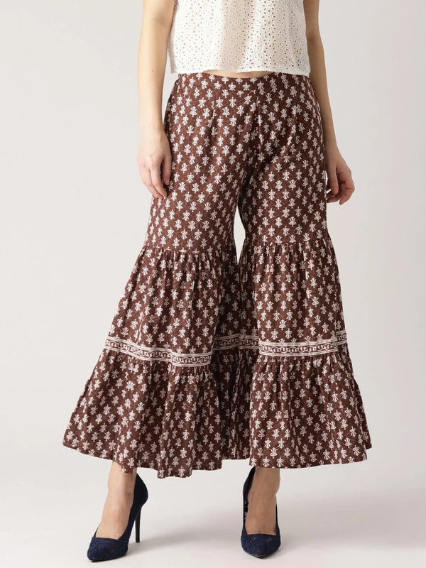 Brown Printed Cotton Sharara Pants - Jashvi