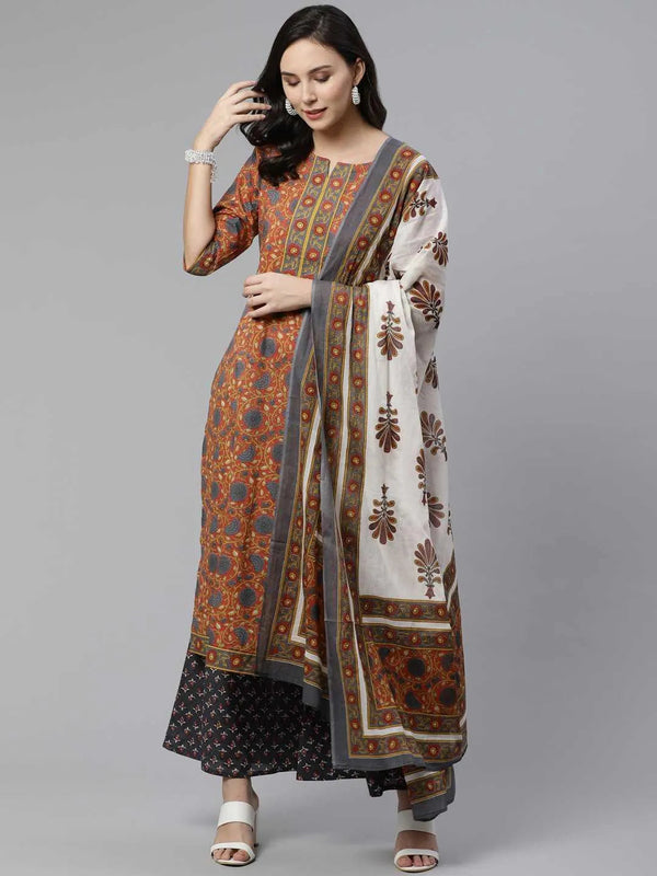 Brown Printed Cotton Suit Set - Jashvi