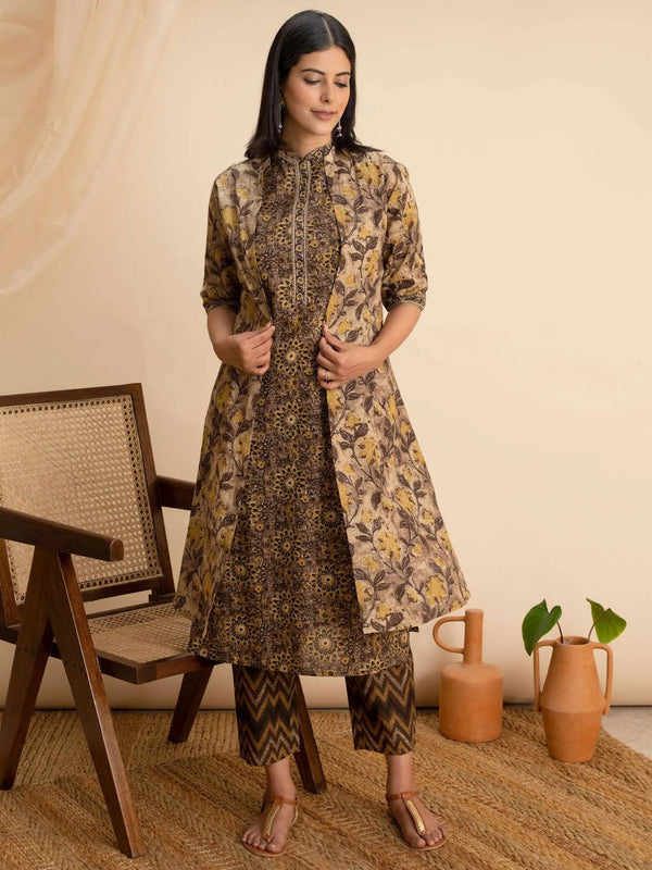 Brown Printed Cotton Kurta Set With Shrug - Jashvi