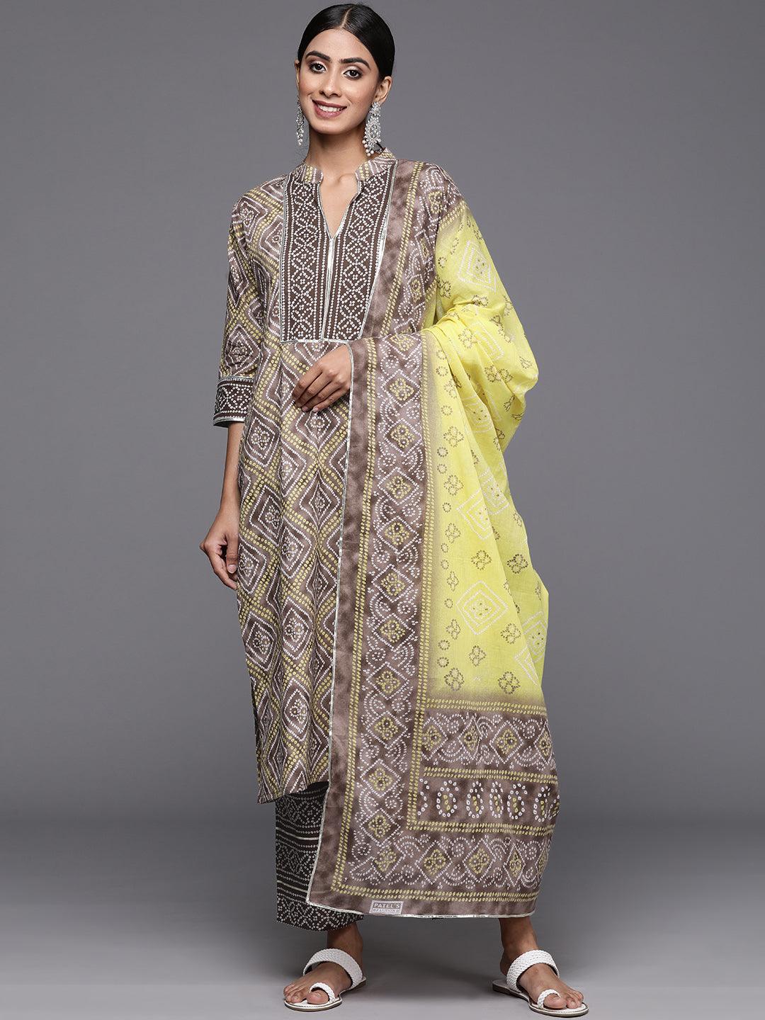 Brown Printed Cotton Straight Kurta With Trousers & Dupatta - Jashvi