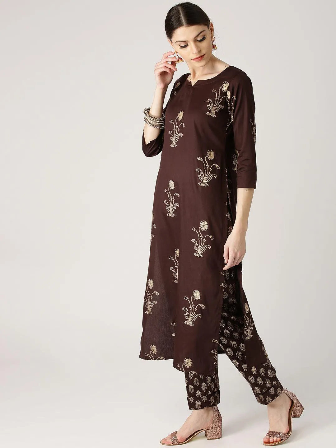 Brown Printed Cotton Kurta Set - Jashvi