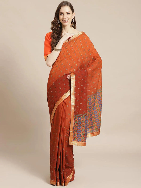 Brown Printed Polyester Saree