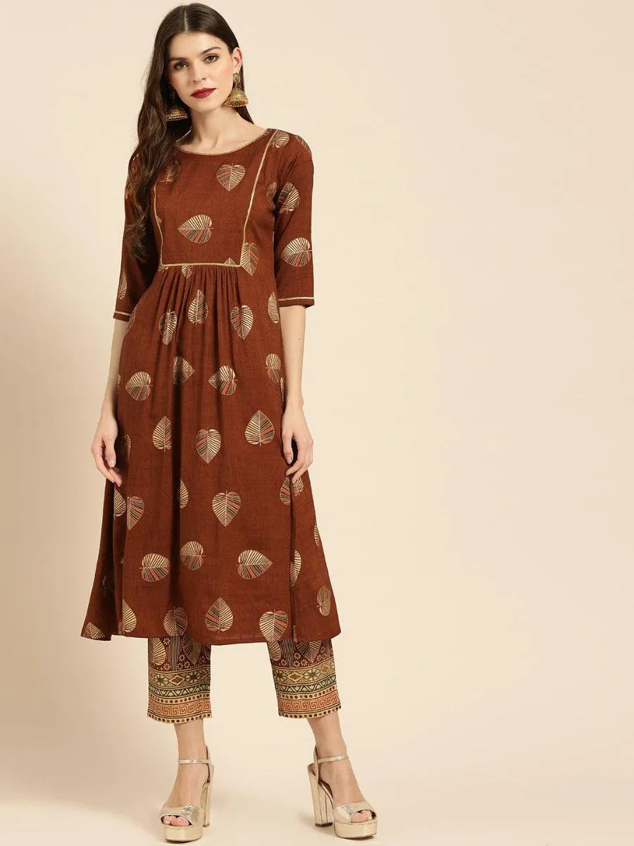 Brown Printed Rayon Kurta Set - Jashvi