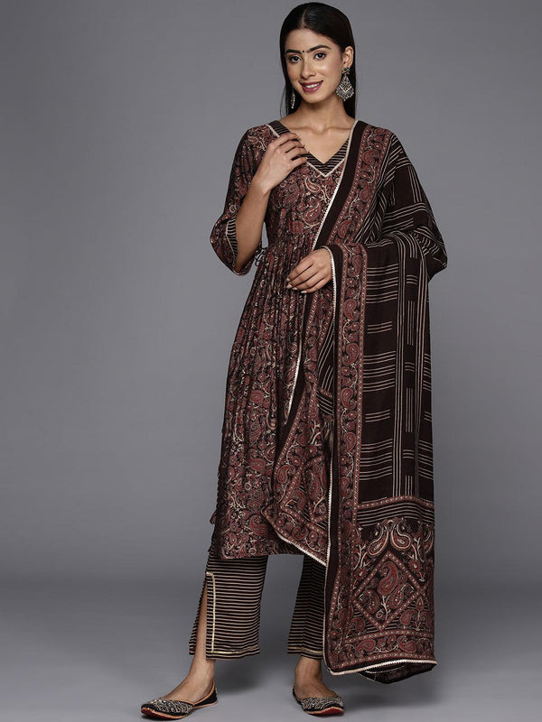 Brown Printed Silk Blend A-Line Kurta With Trousers & Dupatta - Jashvi