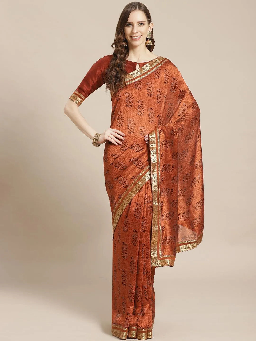 Brown Printed Silk Blend Saree - Jashvi