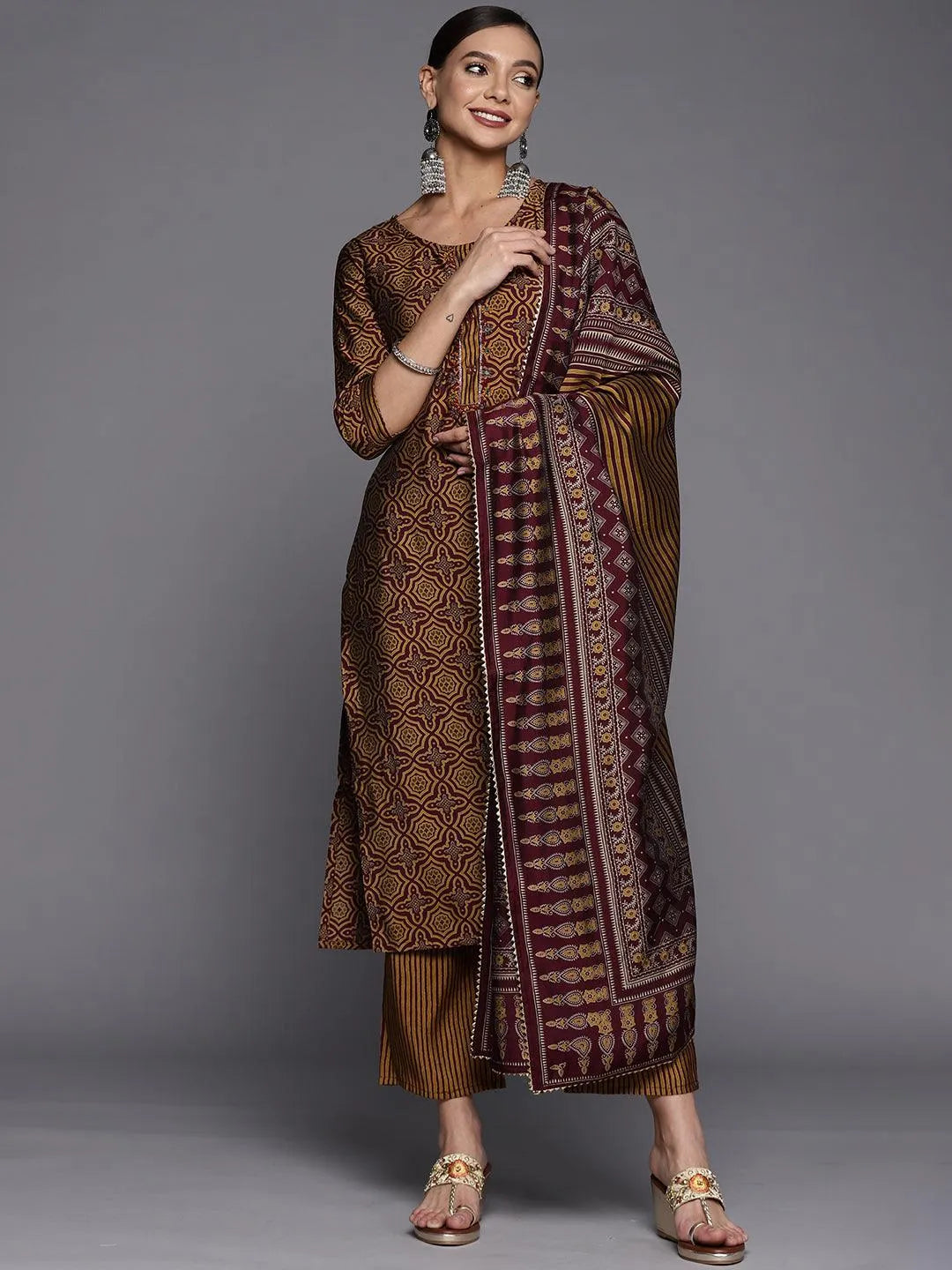 Brown Printed Silk Blend Straight Suit Set - Jashvi