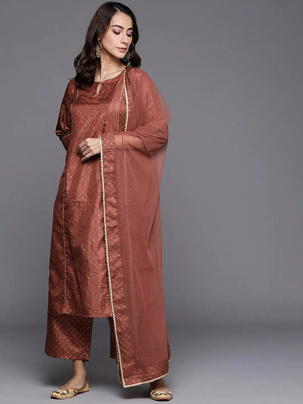 Brown Printed Silk Blend Suit Set - Jashvi