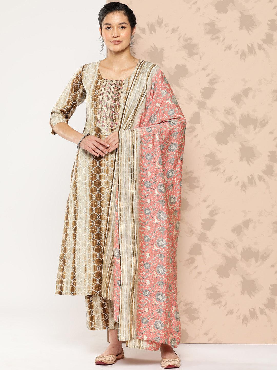 Brown Printed Silk Blend Straight Kurta With Trousers and Dupatta - Jashvi