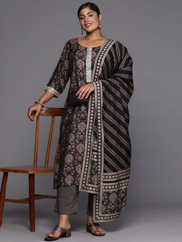 Brown Printed Silk Blend Straight Kurta With Trousers & Dupatta - Jashvi