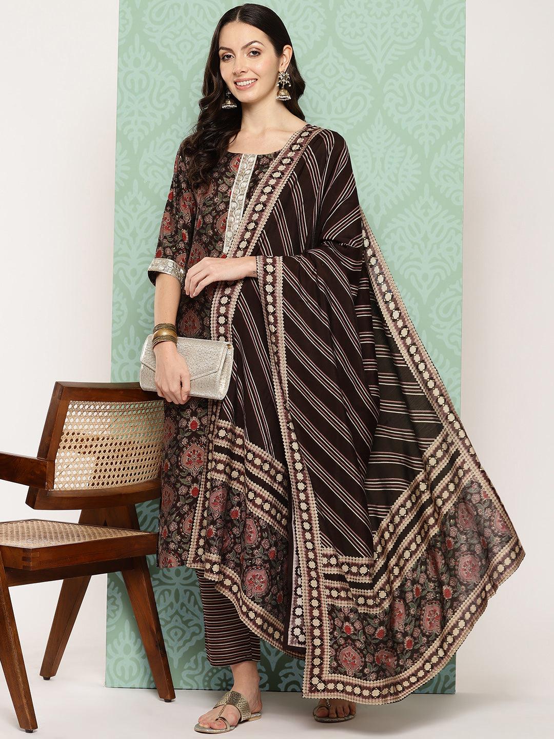 Brown Printed Silk Blend Straight Kurta With Trousers & Dupatta - Jashvi