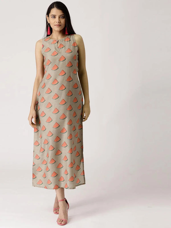 Brown Printed Silk Dress - Jashvi